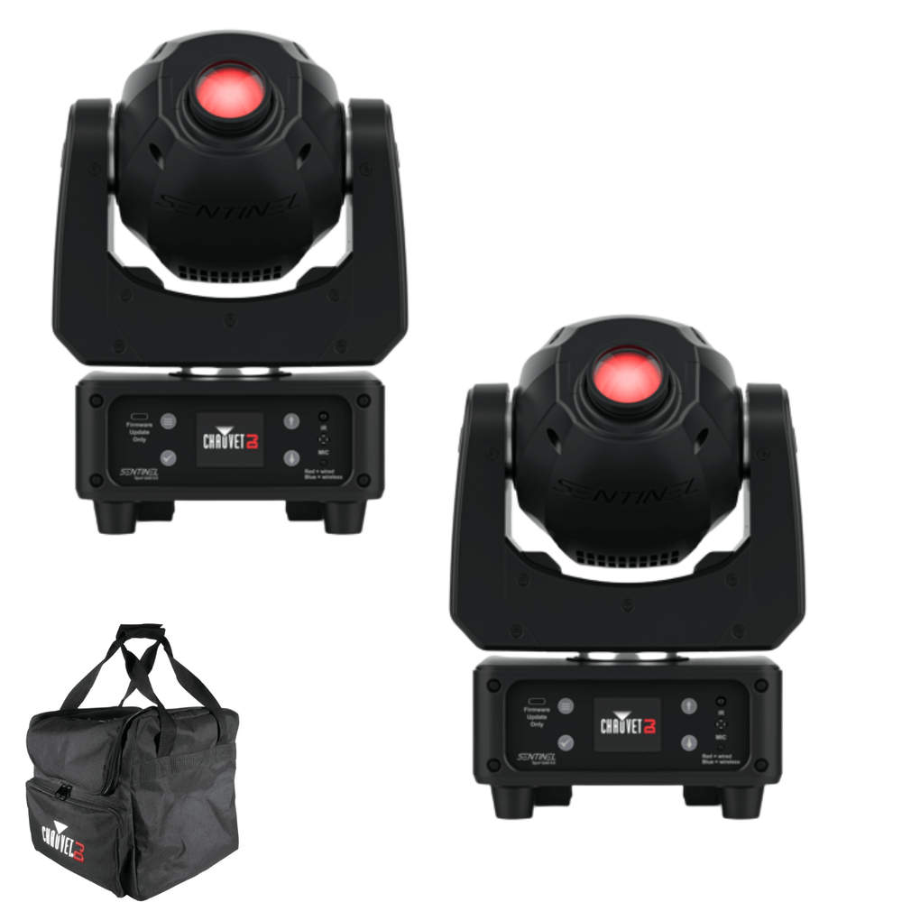 Two Chauvet DJ Sentinel Spot Q60 60W ILS LED moving heads with carry bags