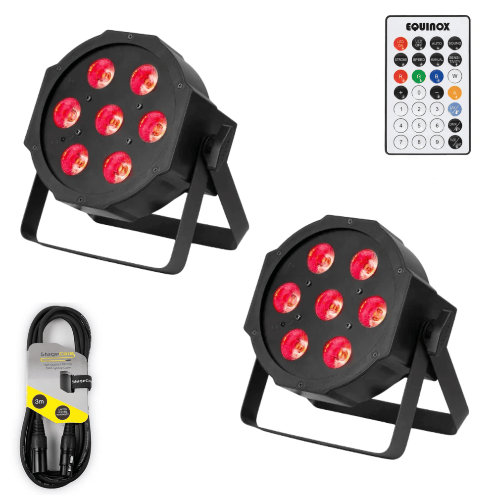 Equinox MaxiPar Quad MKII 7x5W LED RGBW par cans pack of two with DMX cable