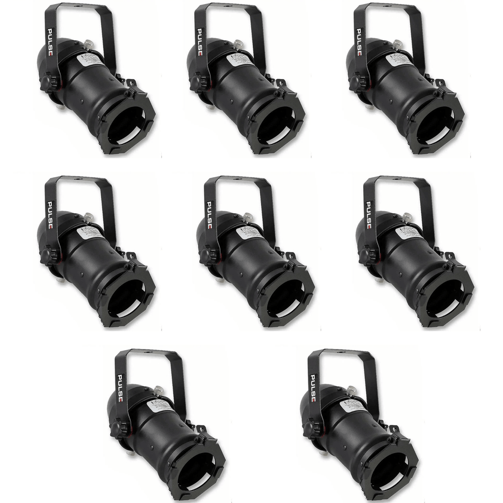 Eight black Pulse Par16 BlackBirdie par cans with gel frames