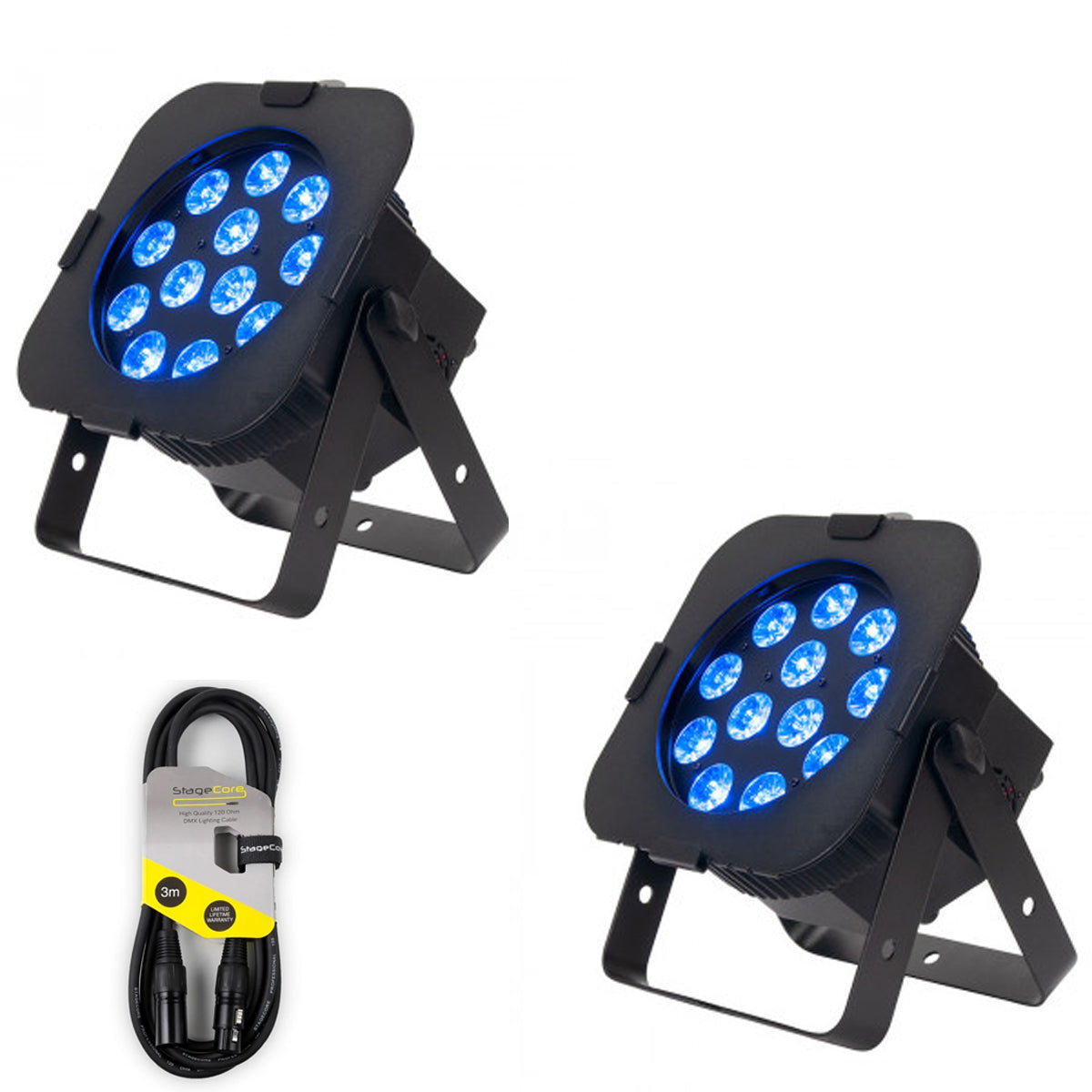 2 x ADJ 12PX 12 x 12w LED RGBAW+UV Hex Par Can With DMX Cable