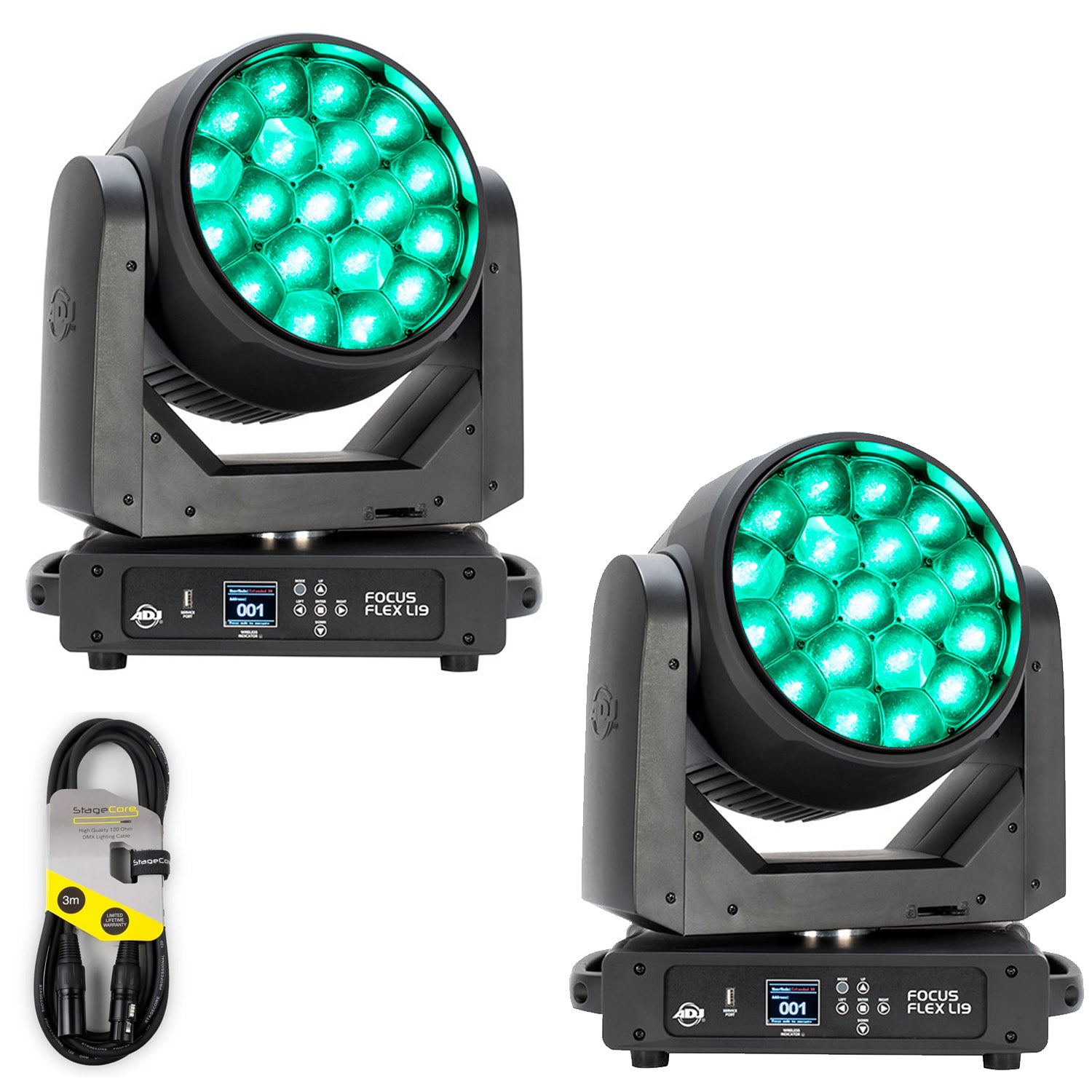 2 X ADJ Focus Flex L19 Moving Head With DMX Cable