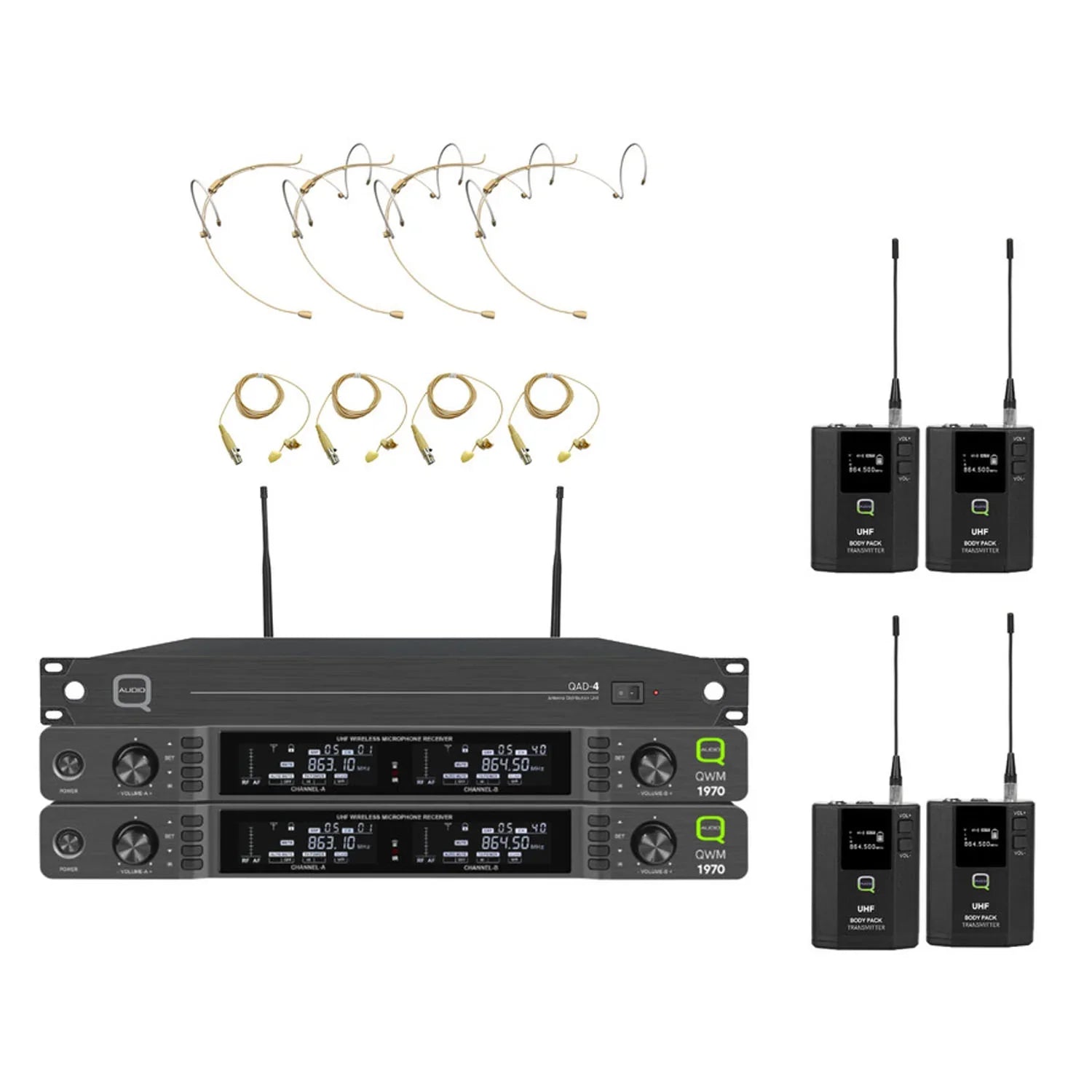 Q-Audio QWM 1970 4 Way Headworn/Lapel System with ADU Wireless Beltpack System