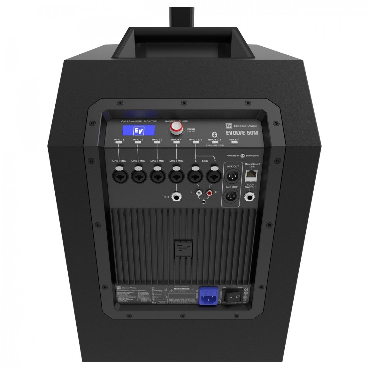 Electro-Voice Evolve 50M column PA system fully set up with subwoofer and audio components