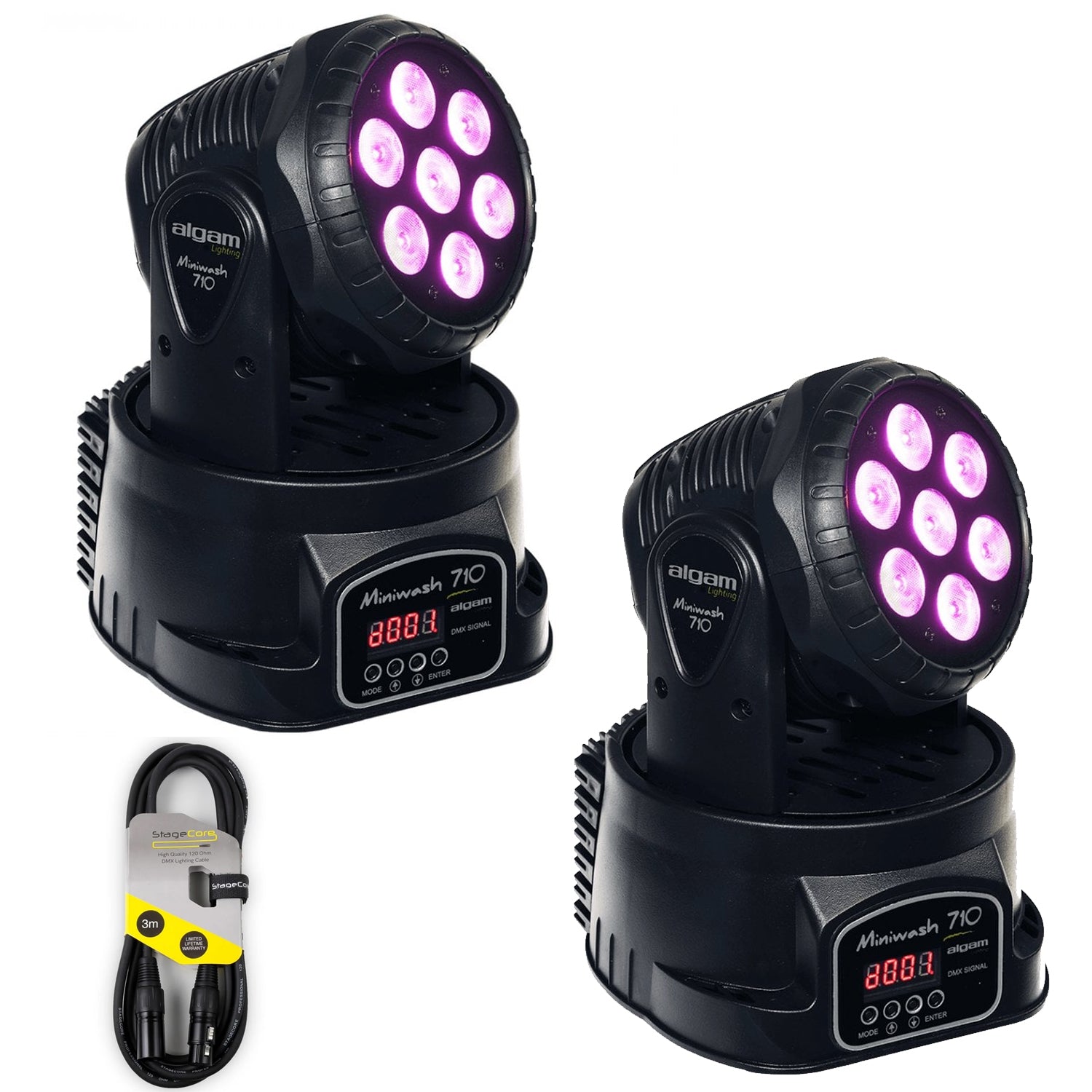 2 x Algam Lighting MINIWASH710  7 X 10W RGBW LED Wash Moving Head With DMX Cable