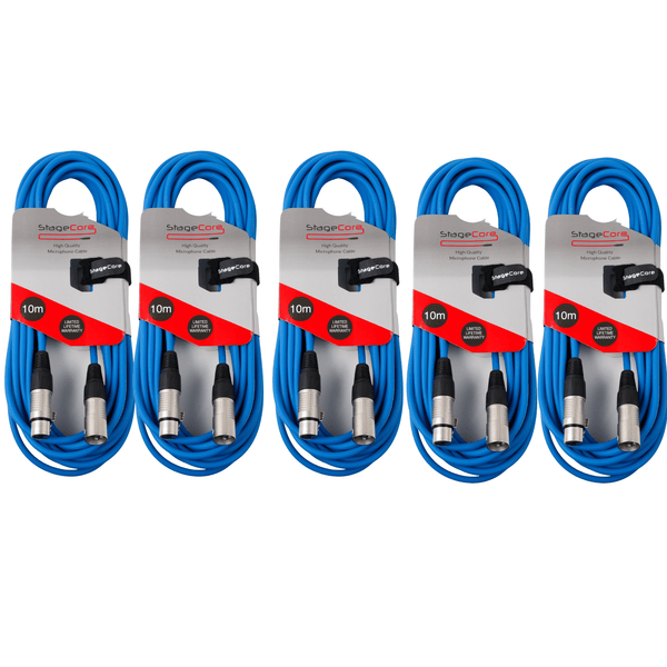 5 x Stagecore 10m Blue XLR Microphone Cable