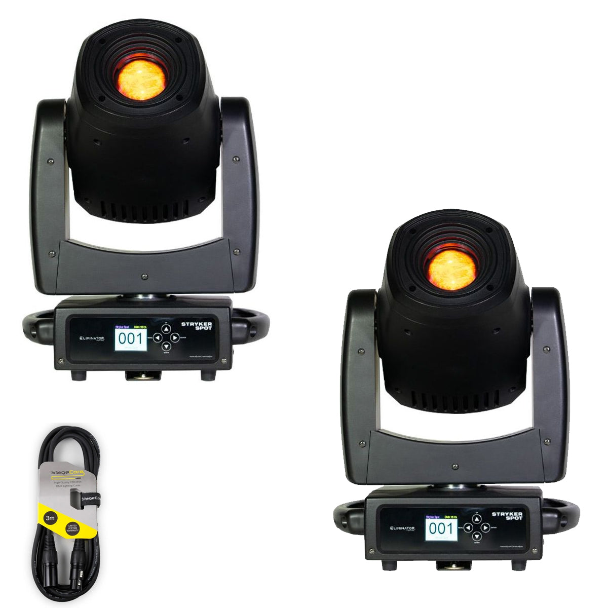 2 x Eliminator Stryker Spot 150w Moving Head with DMX Cable