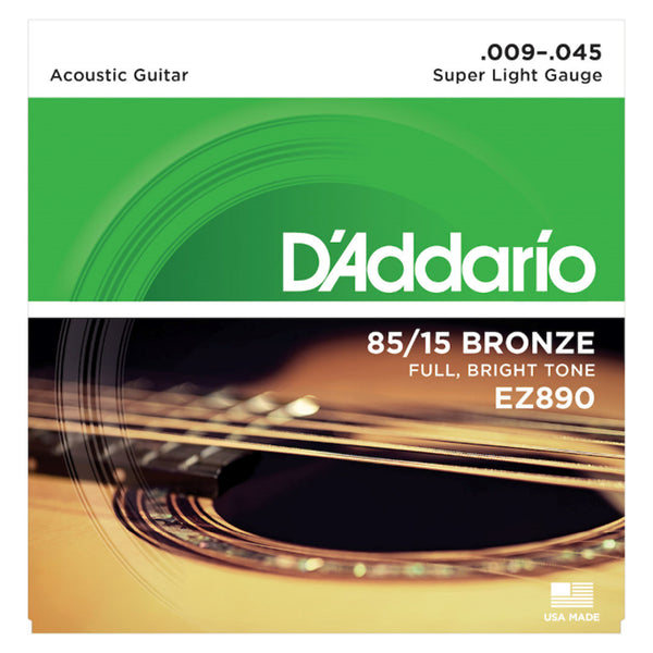 D'Addario EZ890 85/15 Bronze Acoustic Guitar Strings, Super Light, 09-45