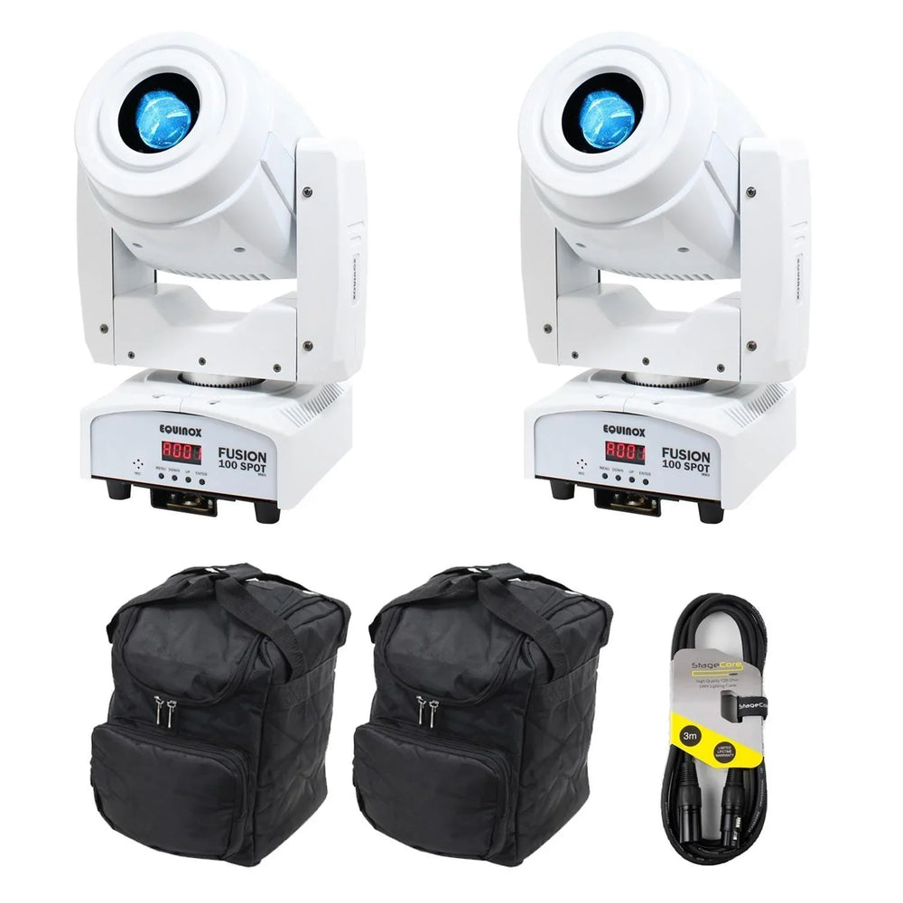 2 x Equinox Fusion 100 Spot MKII White Moving Head with Carry Bag & Cables
