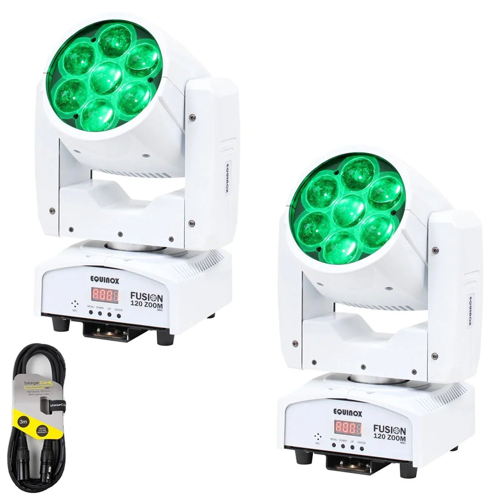 2 x Equinox Fusion 120 Zoom MK2 White Moving Head with DMX Cable - DY Pro Audio