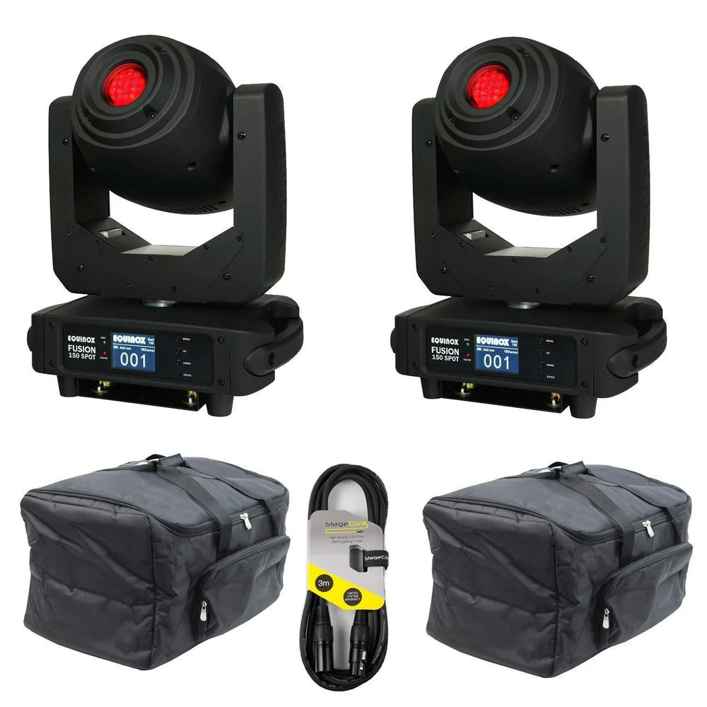 2 x Equinox Fusion 150 Spot Moving Head with DMX Cable and Carry Bags - DY Pro Audio