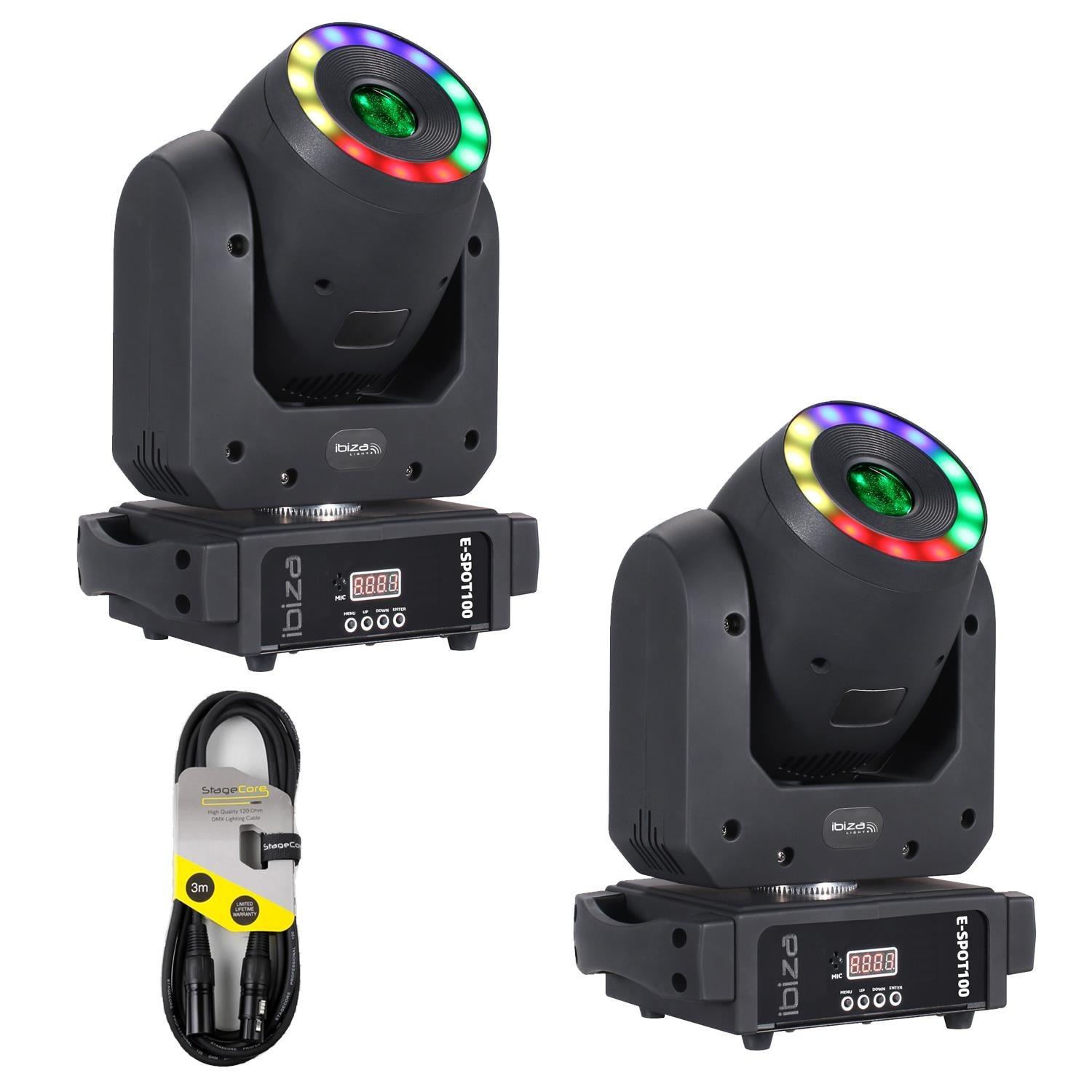 2 x Ibiza E-SPOT100 100W LED Spot Moving Head with RGB Ring with DMX Cable - DY Pro Audio