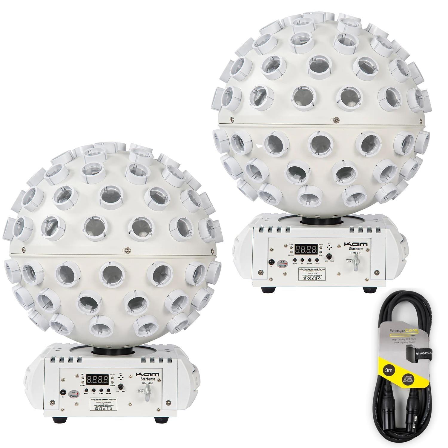 2 x Kam Stratosphere Ghost Starburst White Mirror Ball with DMX Cable - DY Pro Audio