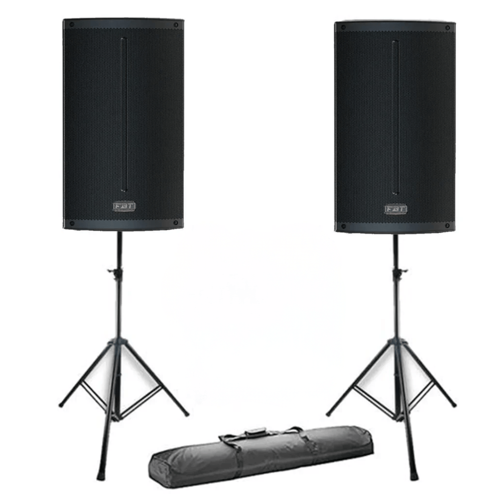 Two FBT X-Lite 108A 8 inch active speakers with stands