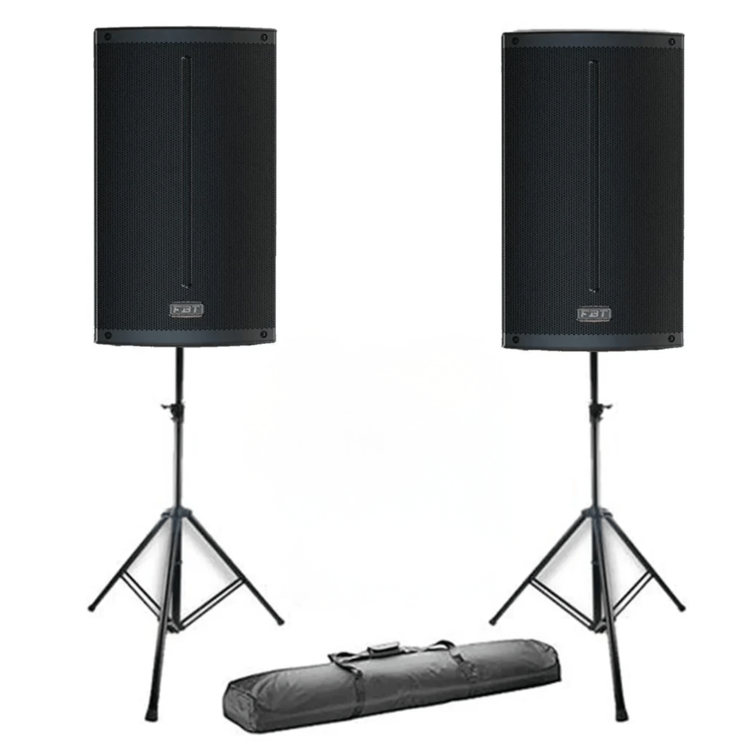 Two FBT X-Lite 108A 8 inch active speakers with stands