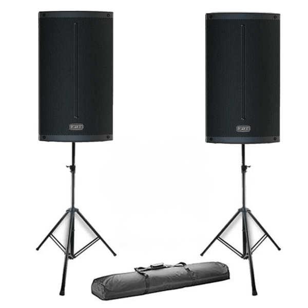Two FBT X-Lite 108A 8 inch active speakers with stands