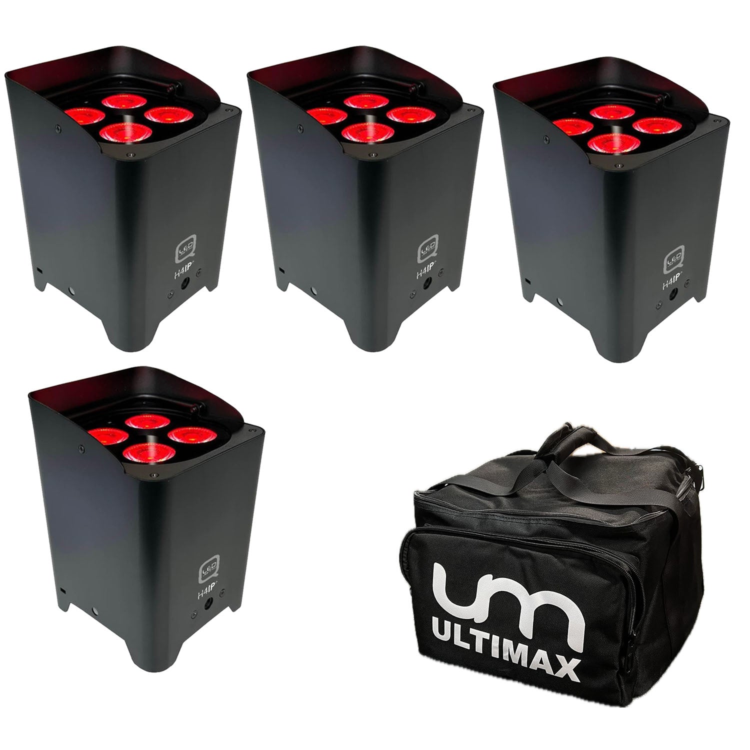 Four Q-LED Flux Q4IP+ battery-powered uplighters, each with 4x 12W RGBW LEDs, IP-rated, W-DMX compatible, with carry bag