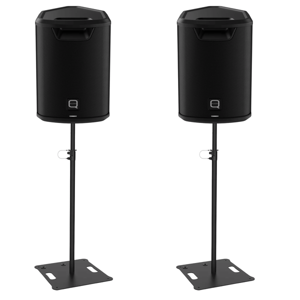     Pair of Q-Audio Free Stage 6 battery powered speakers with square base stands