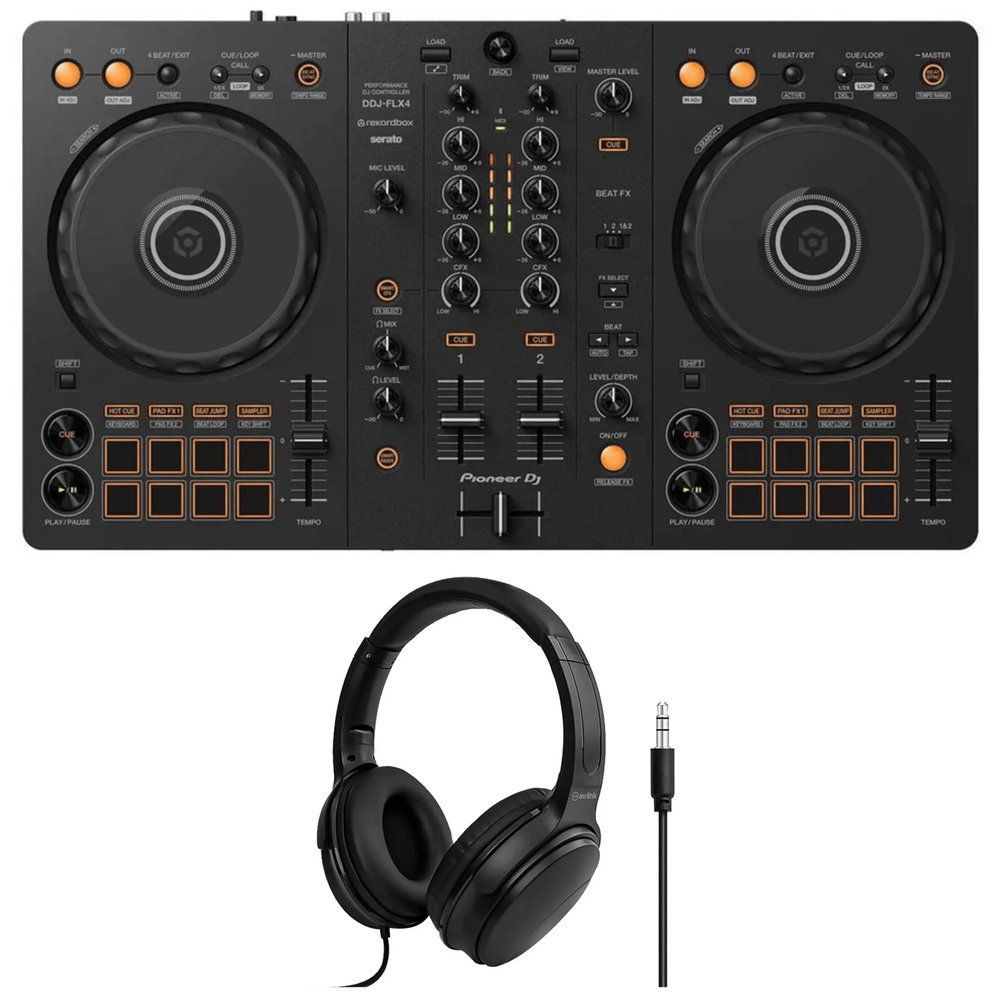 Pioneer DJ DDJ-FLX4 controller with headphones bundle