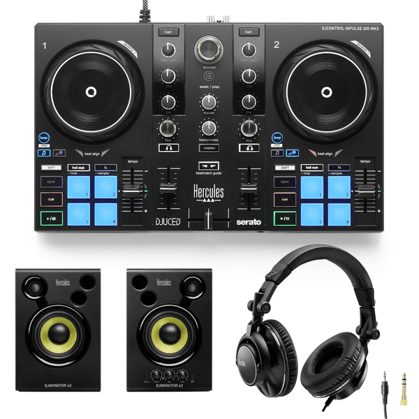 Hercules DJControl Inpulse 200 MkIII with HDP DJ60 headphones and Monitor 42 speakers bundle