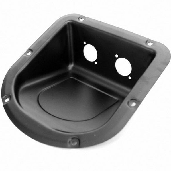 Penn Elcom D9802 medium black angled steel dish panel punched to fit 2 D-Series connectors, designed for rack panels, flight cases, and custom AV installations.