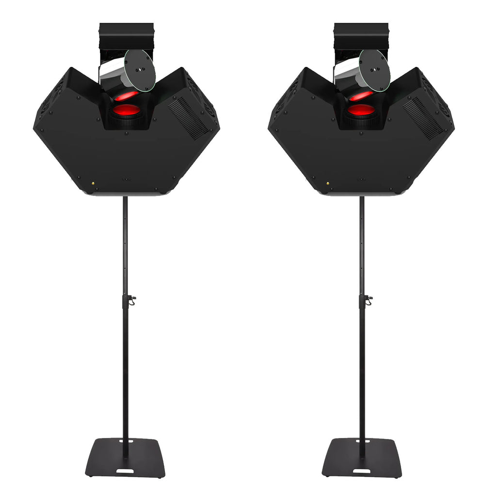 Pair of Chauvet DJ Blazors 115W barrel effect lights with square base stands for dynamic DJ and event lighting.