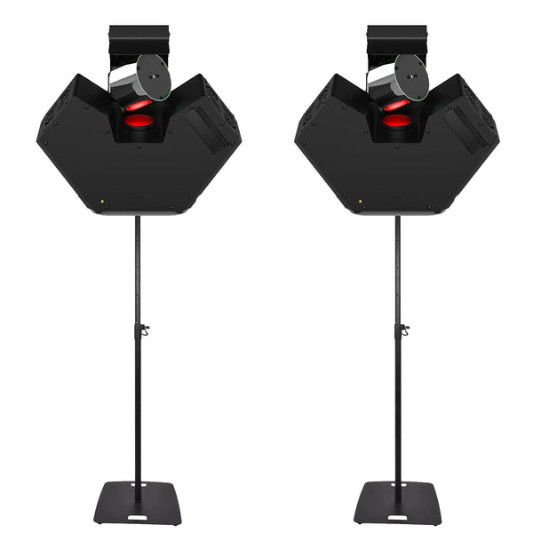Pair of Chauvet DJ Blazors 115W barrel effect lights with square base stands for dynamic DJ and event lighting.
