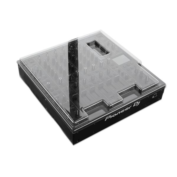 Decksaver polycarbonate protective cover designed for Pioneer DJ DJM-V10 and DJM-V10-LF 6-channel DJ mixers, precision-moulded to fit over faders, knobs, and controls for dust and impact protection.