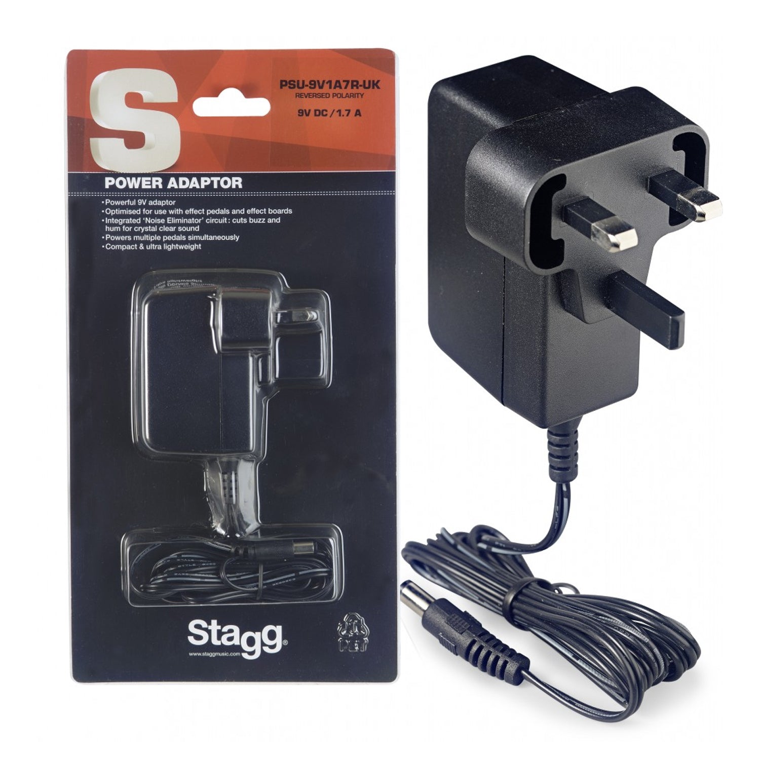 Stagg PSU-9V1A7R-UK Reverse Polarity 9V AC Adapter for Effects Pedals