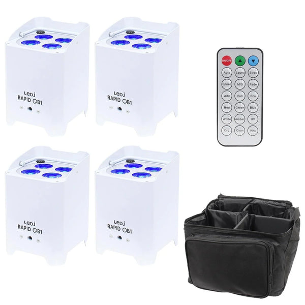 4 x LEDJ Rapid QB1 RGBW Battery LED Par Uplighter White with Carry Bag & Remote Control