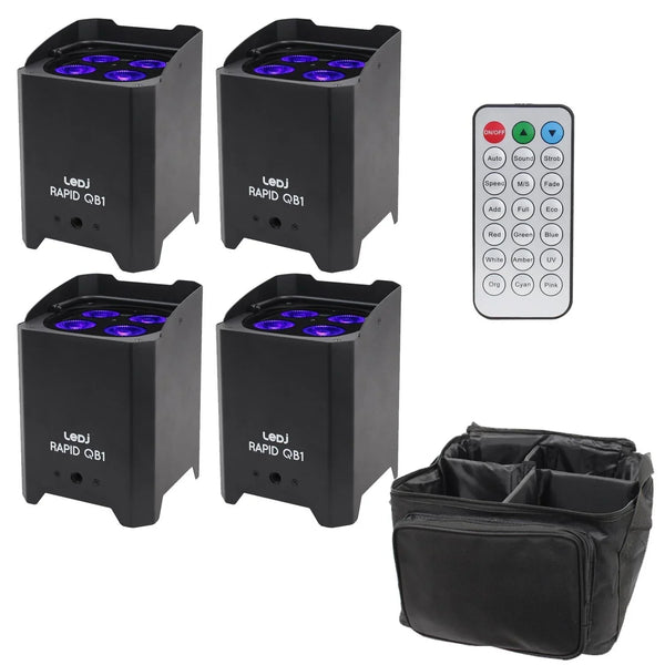 4 x LEDJ Rapid QB1 RGBW Battery LED Par with Carry Bag & Remote Control