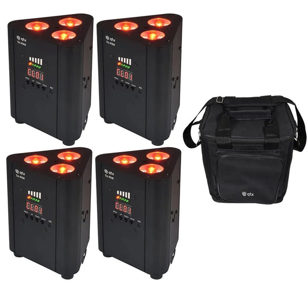 4 x QTX Tri - Par RGBW Rechargeable Battery Triple Par Can Uplighter with Carry Bag