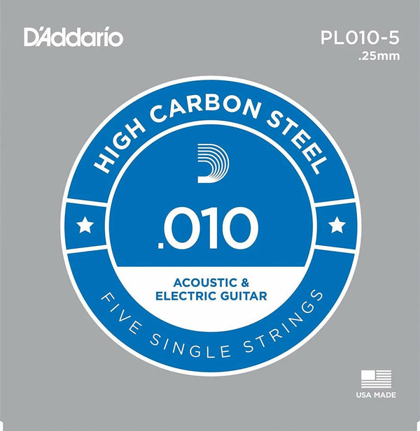 D'Addario PL010-5 Acoustic Or Electric 010 Plain Steel Guitar Strings FIVE PACK!