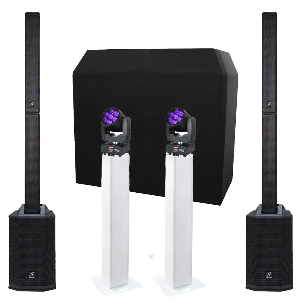 Mobile Wedding DJ Setup Black DJ Booth Pro, Direct 121MX, 1.5M Plinths, Fusion 120 Zoom Moving Heads