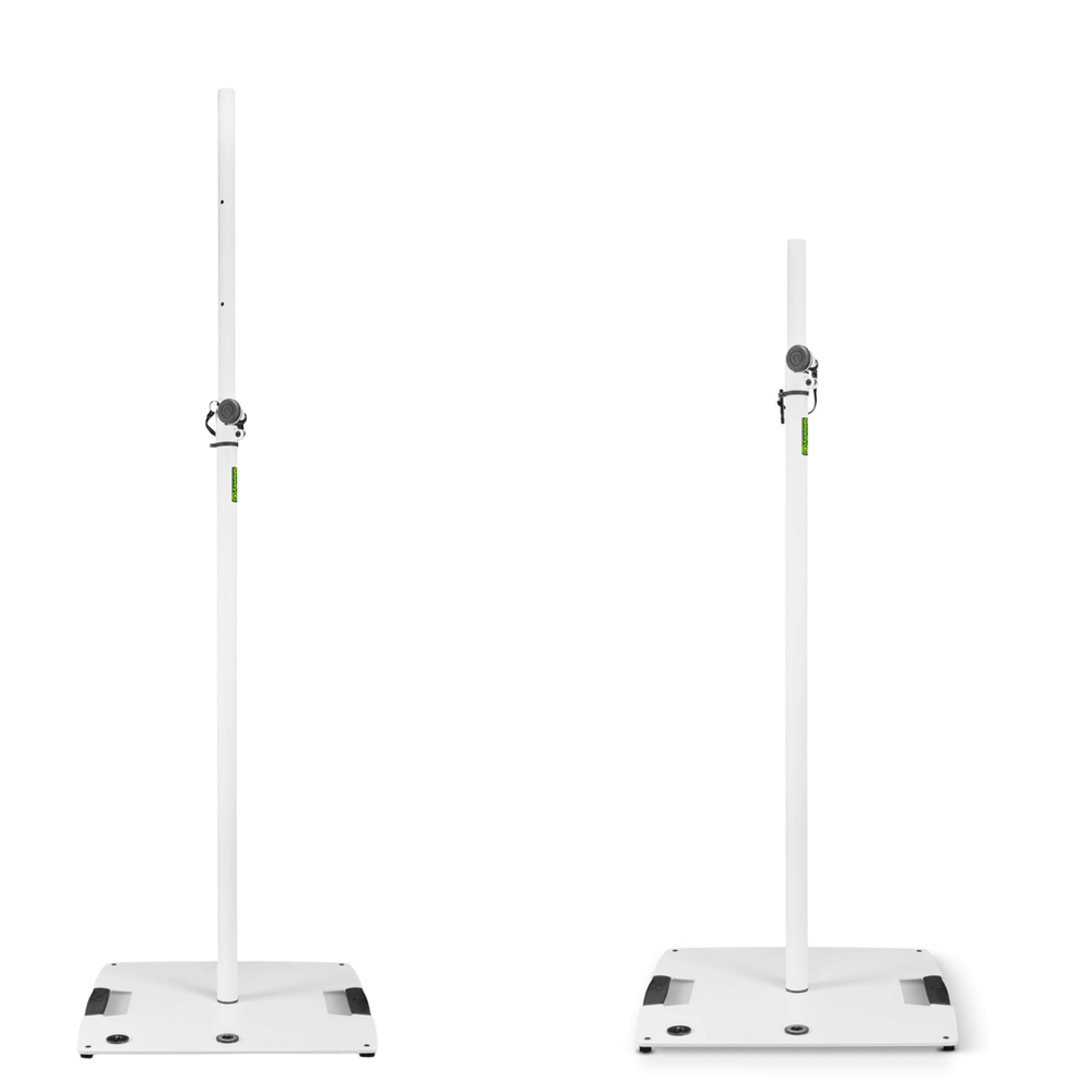 Two Gravity LS 431 W white square base 35mm speaker lighting stands