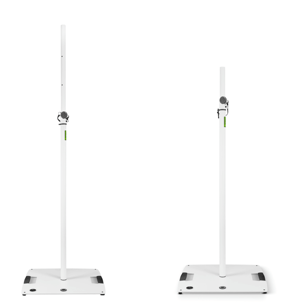 Two Gravity LS 431 W white square base 35mm speaker lighting stands