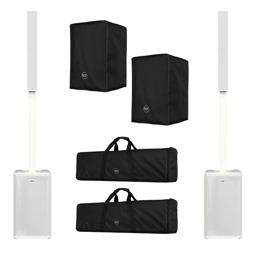 Two RCF EVOX J9 white portable 3-way column PA systems with bags