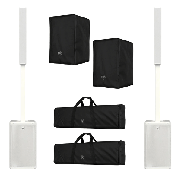 Two RCF EVOX J9 white portable 3-way column PA systems with bags