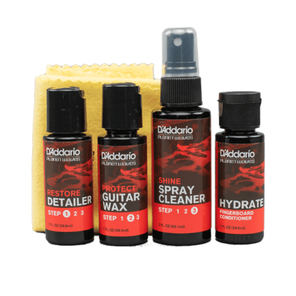 D'Addario Hydrate fingerboard conditioner with cleaning cloth guitar care kit