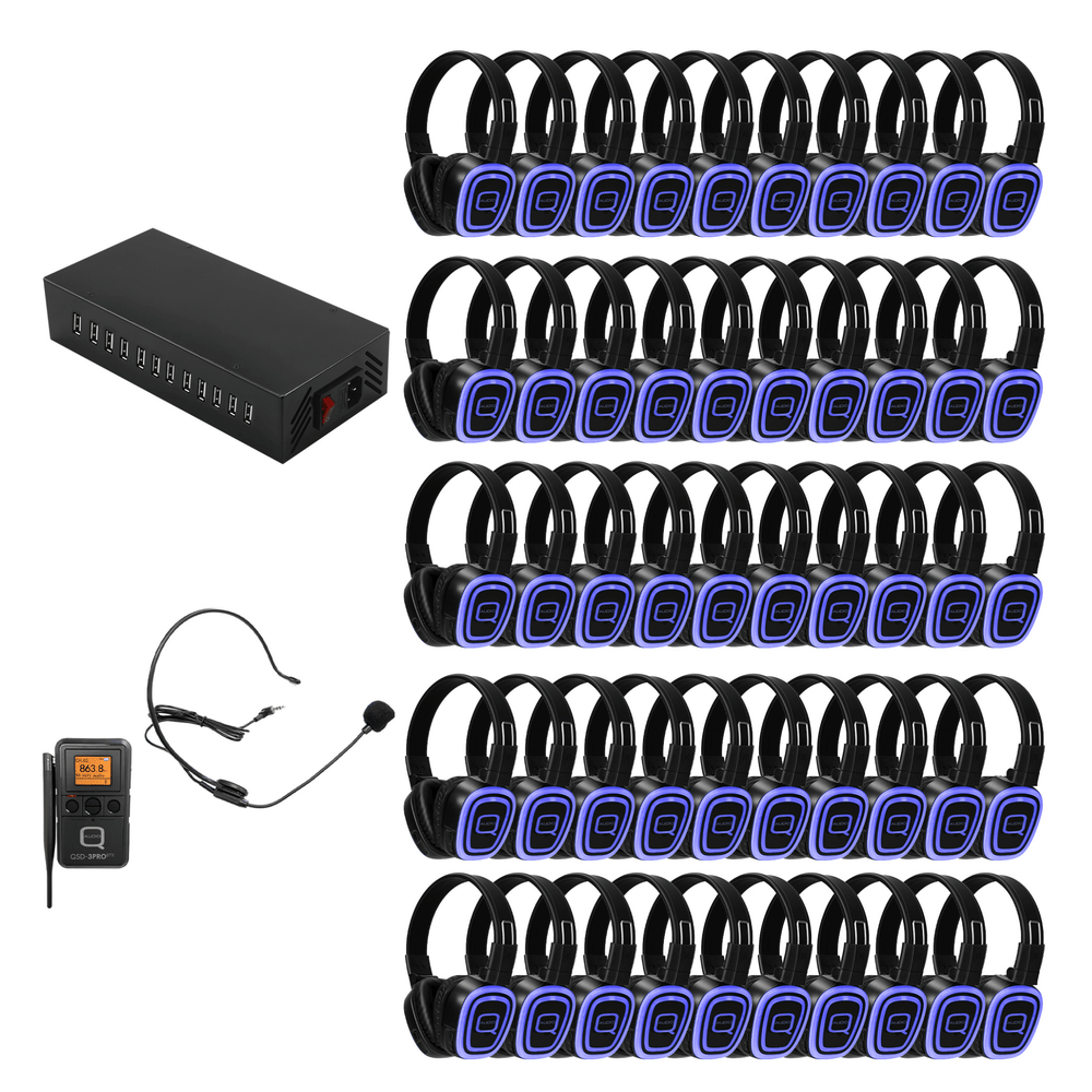 Q-Audio 50 Way Silent Disco Bundle With Portable Bluetooth Transmitter & Charger