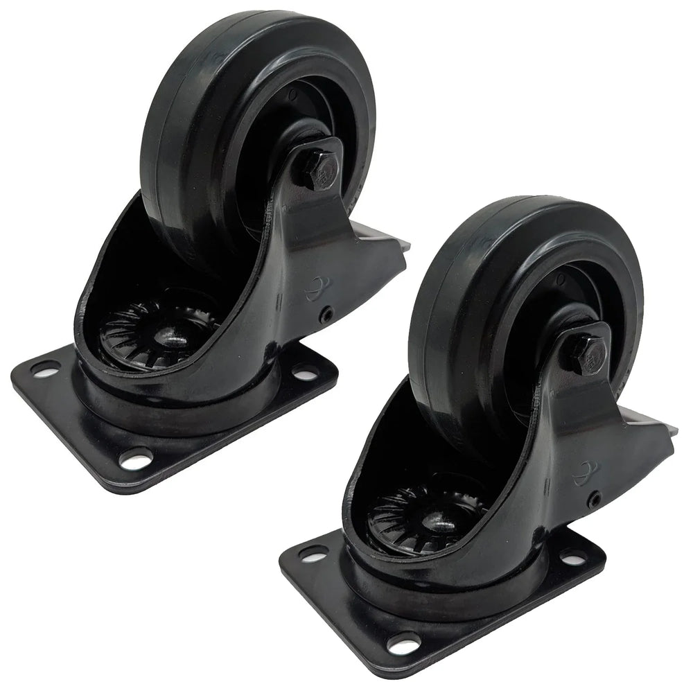 2 x Penn Elcom 100mm Black Braked Swivel Castor with Rubber Black Wheel