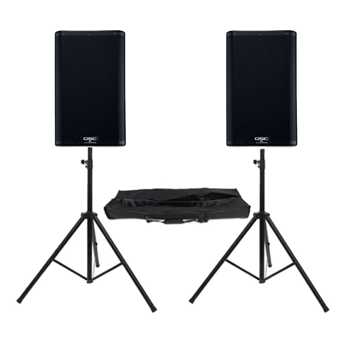 2 x QSC K10.2 10'' Active PA Speaker with Speaker Stands