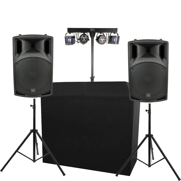 Party Package, DJ Booth Pro, Derby Light Bar, QX12A Speakers Bundle