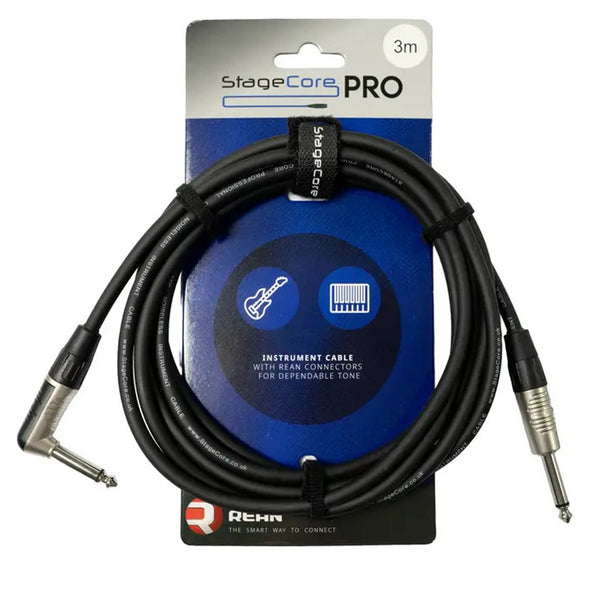 Stagecore Pro 3m Black Straight to Right Jack Lead with Rean Connectors