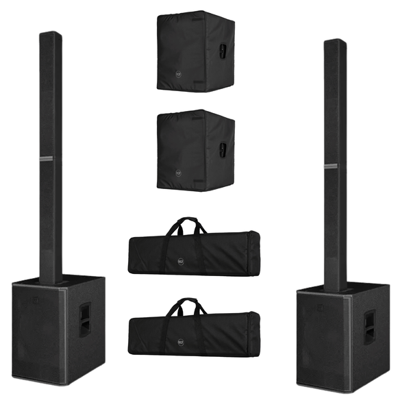Two RCF EVOX V15 Black active 3-way column array systems with transport bags