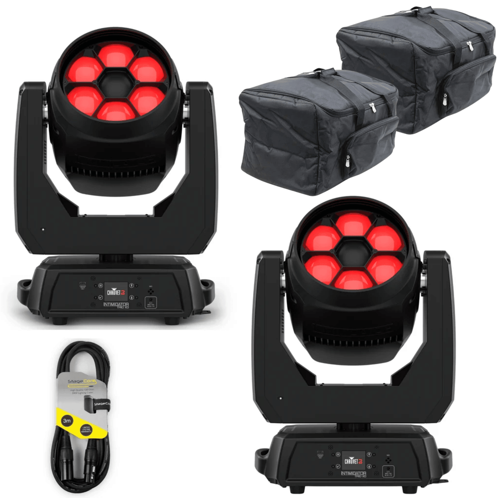 Chauvet DJ Intimidator Trio XD Moving Head Bundle with 2 moving heads, DMX cable, and carry bags.