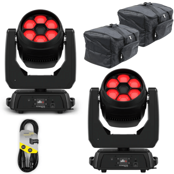 Chauvet DJ Intimidator Trio XD Moving Head Bundle with 2 moving heads, DMX cable, and carry bags.