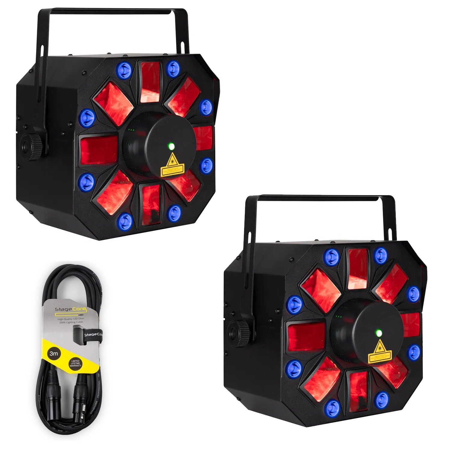 2 x Eliminator Lighting Furious Three RG UV 3-in-1 Lighting Effect Light with DMX Cable