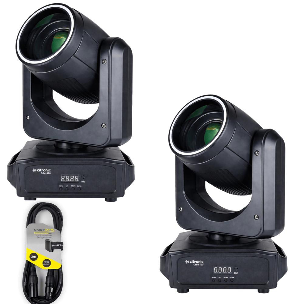 Two Citronic Orbis 100W LED beam moving heads with DMX cable