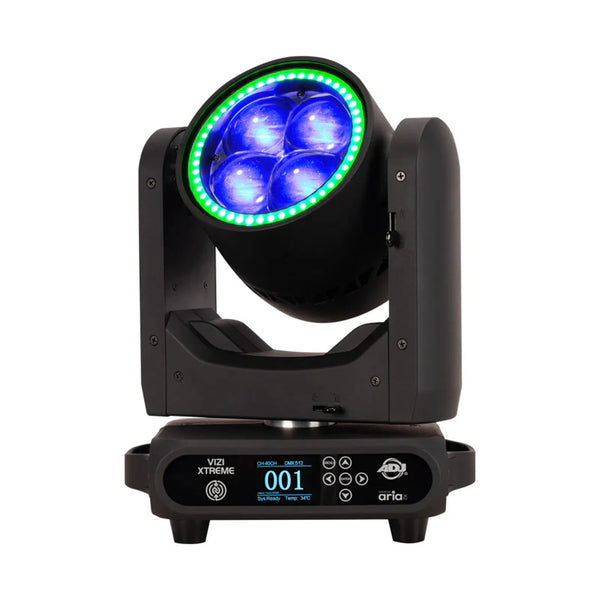 ADJ Vizi Xtreme RGBL LED moving head light with high-output lens, motorized pan and tilt, and vibrant RGBL color effects for professional stage and event lighting