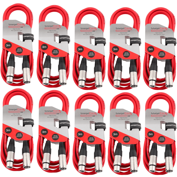 10 x Stagecore 3m Red XLR Microphone Cable